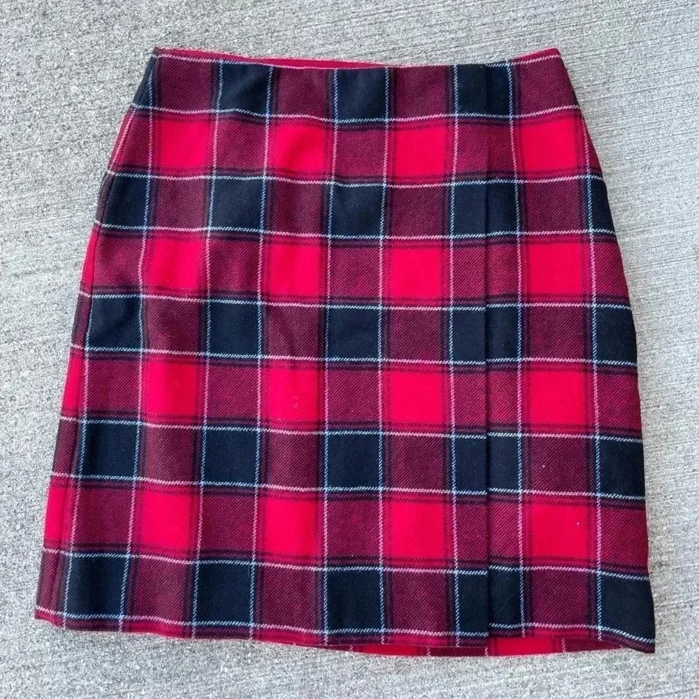 Talbots size 6 wool lined red plaid faux wrap skirt tartan holiday winter